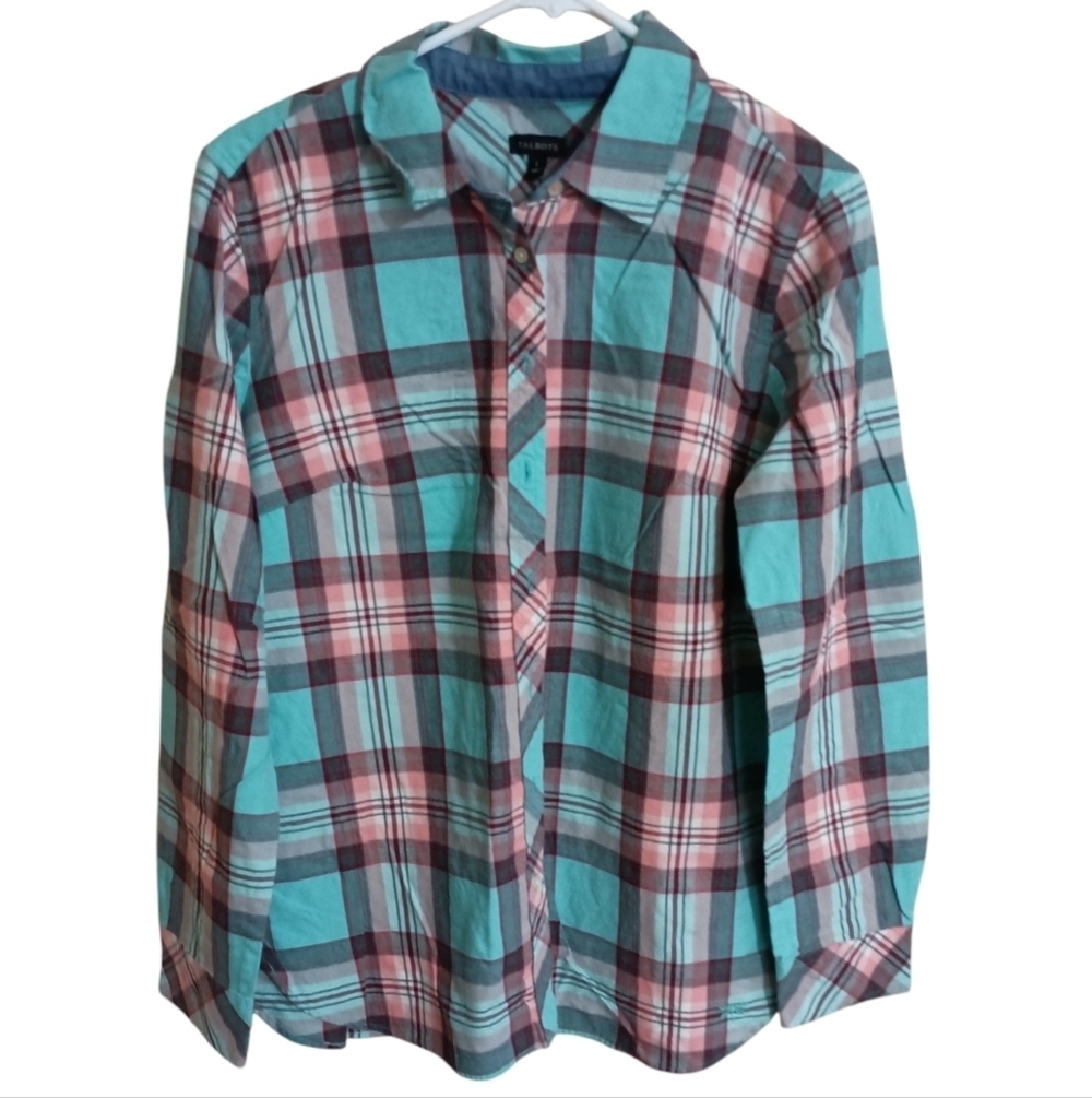 Talbots teal plaid button-up shirt size large